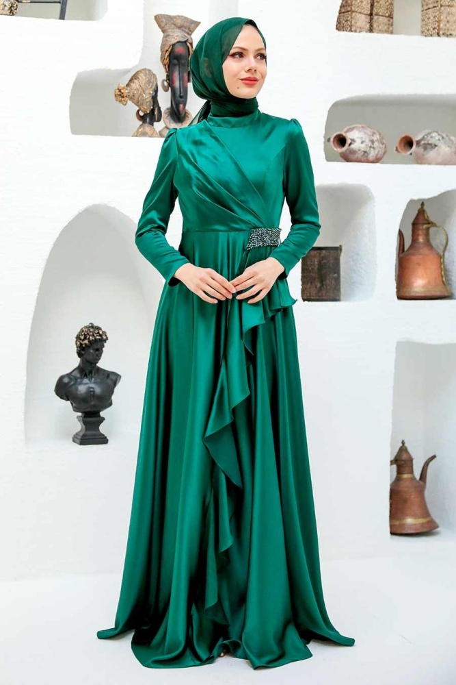 Tesettürlü Abiye Elbise - Robe de Soirée Hijab Vert 22431Y - 2