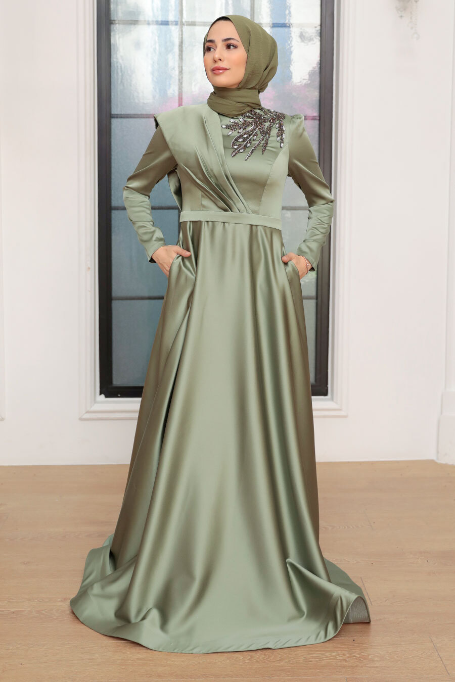 Tesetturlu Abiye Elbise Robe de Soiree Hijab Vert 22441CY Tesetturisland