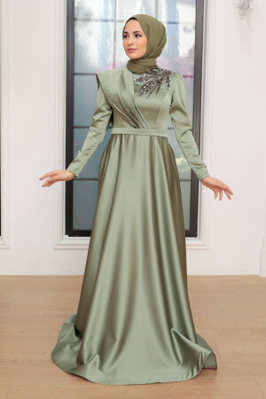 Tesettürlü Abiye Elbise - Robe de Soirée Hijab Vert 22441CY - Thumbnail