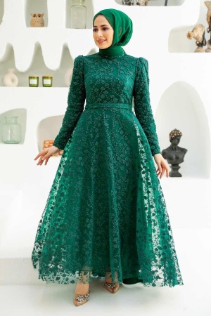 Tesettürlü Abiye Elbise - Robe de Soirée Hijab Vert 22510Y - 1