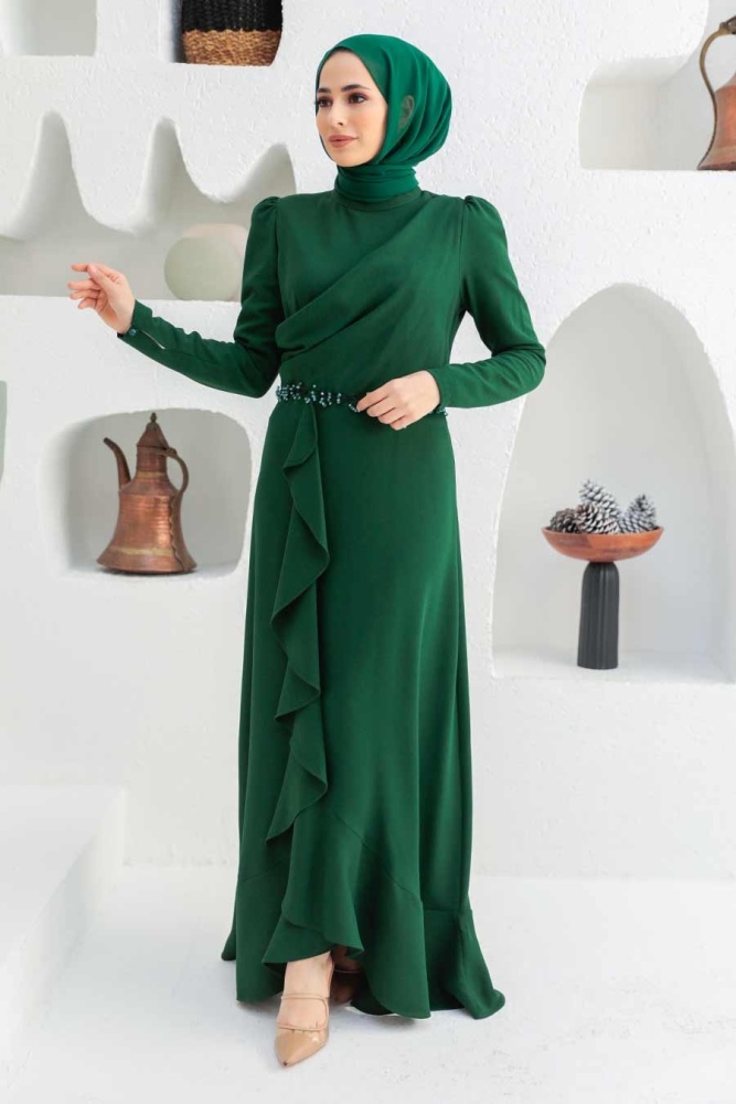 Tesettürlü Abiye Elbise - Robe de Soirée Hijab Vert 3225Y - 1