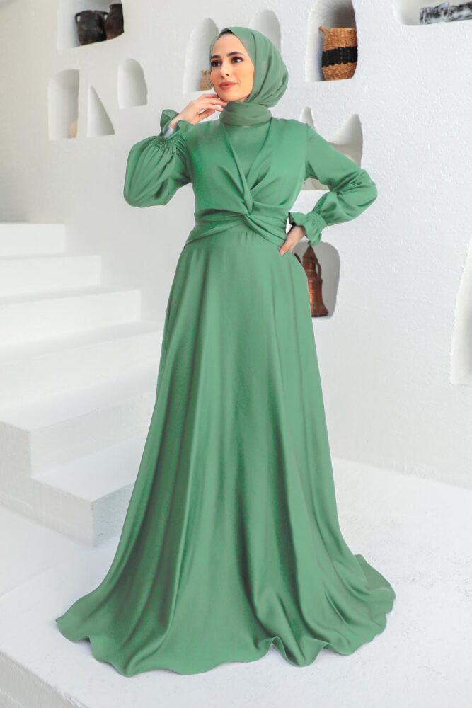 Tesettürlü Abiye Elbise - Robe de Soirée Hijab Vert 3389Y - 1