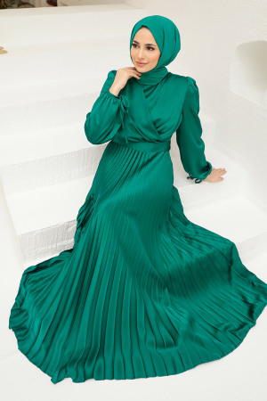 Tesettürlü Abiye Elbise - Robe de Soirée Hijab Vert 3452Y - 4