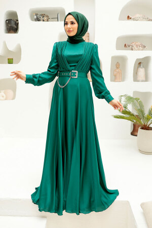 Tesettürlü Abiye Elbise - Robe de Soirée Hijab Vert 3454Y - 1