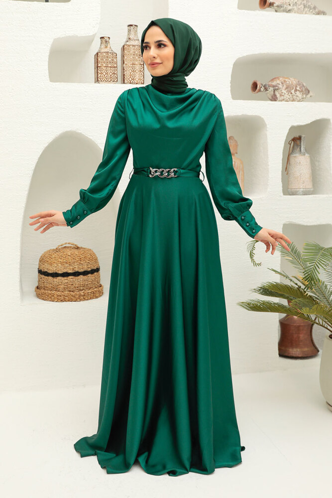 Tesettürlü Abiye Elbise - Robe de Soirée Hijab Vert 3460Y - 1