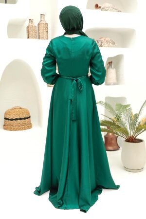 Tesettürlü Abiye Elbise - Robe de Soirée Hijab Vert 3460Y - Thumbnail