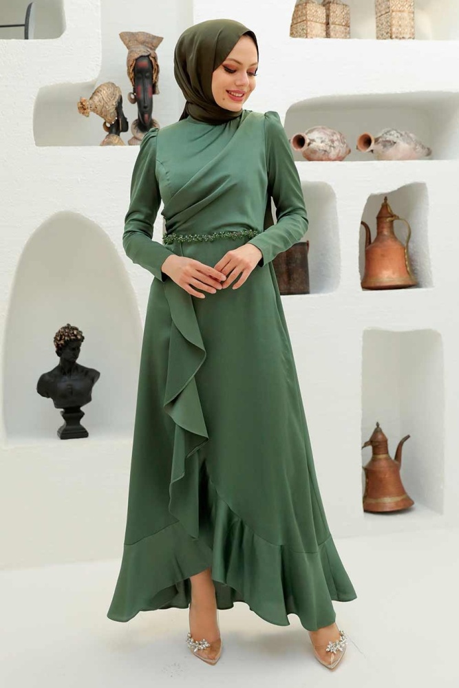 Tesettürlü Abiye Elbise - Robe de Soirée Hijab Vert Amande 3381CY - 1
