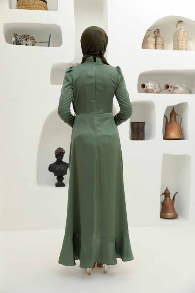 Tesettürlü Abiye Elbise - Robe de Soirée Hijab Vert Amande 3381CY - 2