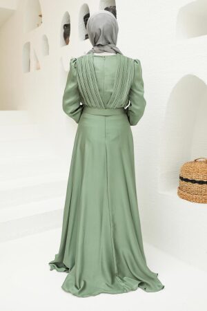 Tesettürlü Abiye Elbise - Robe de Soirée Hijab Vert Amande 3454CY - 2