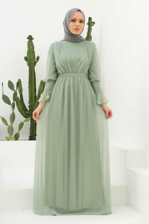 Tesettürlü Abiye Elbise - Robe de soirée Hijab vert amande 5367CY - 1
