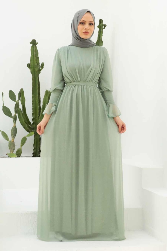 Tesettürlü Abiye Elbise - Robe de soirée Hijab vert amande 5367CY - 1