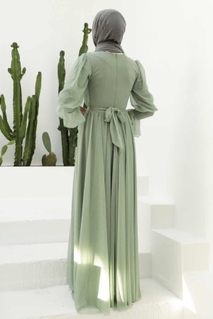 Tesettürlü Abiye Elbise - Robe de soirée Hijab vert amande 5367CY - 2