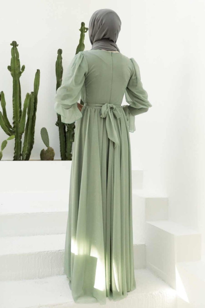 Tesettürlü Abiye Elbise - Robe de soirée Hijab vert amande 5367CY - 2