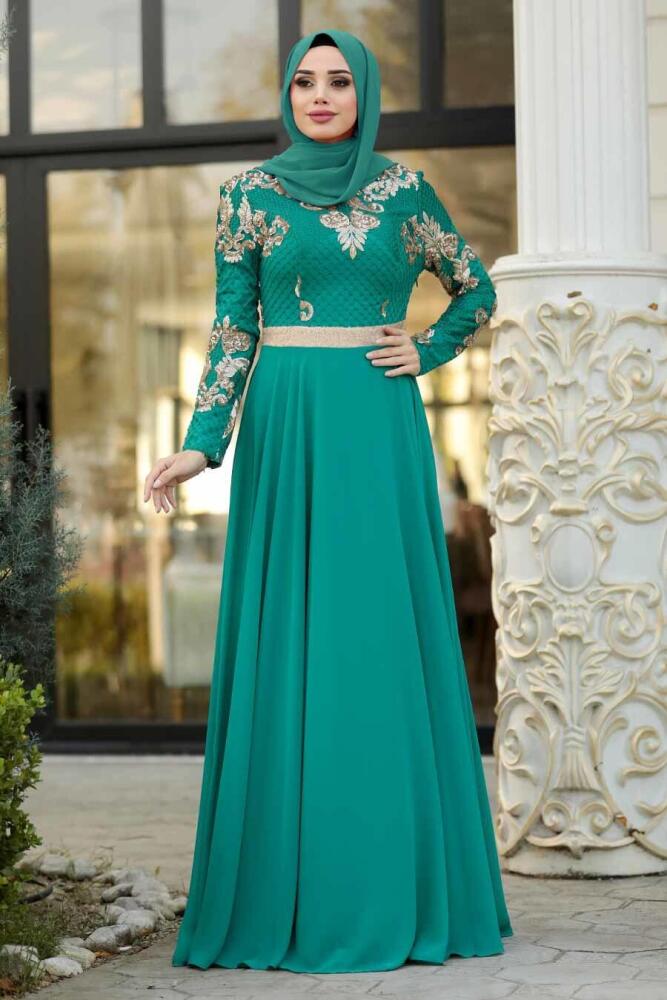 Tesettürlü Abiye Elbise - Robe de Soirée Hijab Vert Amande 75790CY - 1