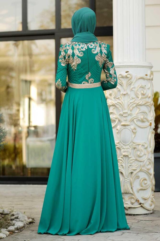 Tesettürlü Abiye Elbise - Robe de Soirée Hijab Vert Amande 75790CY - 2