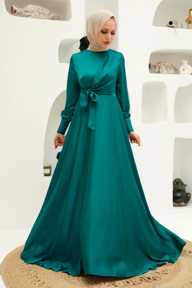 Tesettürlü Abiye Elbise - Robe de Soirée Hijab Vert Pétrole 1420PY - 1