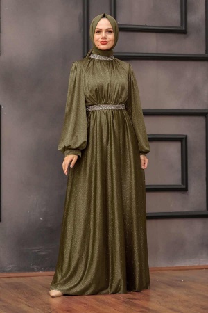 Tesettürlü Abiye Elbise - Robe de Soirée Hijab Vert Pétrole 5501YY - 1