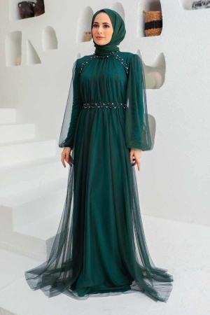 Tesettürlü Abiye Elbise - Robe de Soirée Hijab Vert Pétrole 9170PY - 1