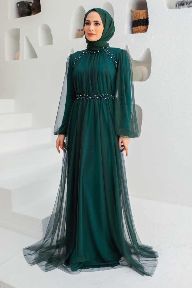 Tesettürlü Abiye Elbise - Robe de Soirée Hijab Vert Pétrole 9170PY - 1