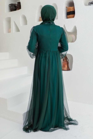 Tesettürlü Abiye Elbise - Robe de Soirée Hijab Vert Pétrole 9170PY - 2