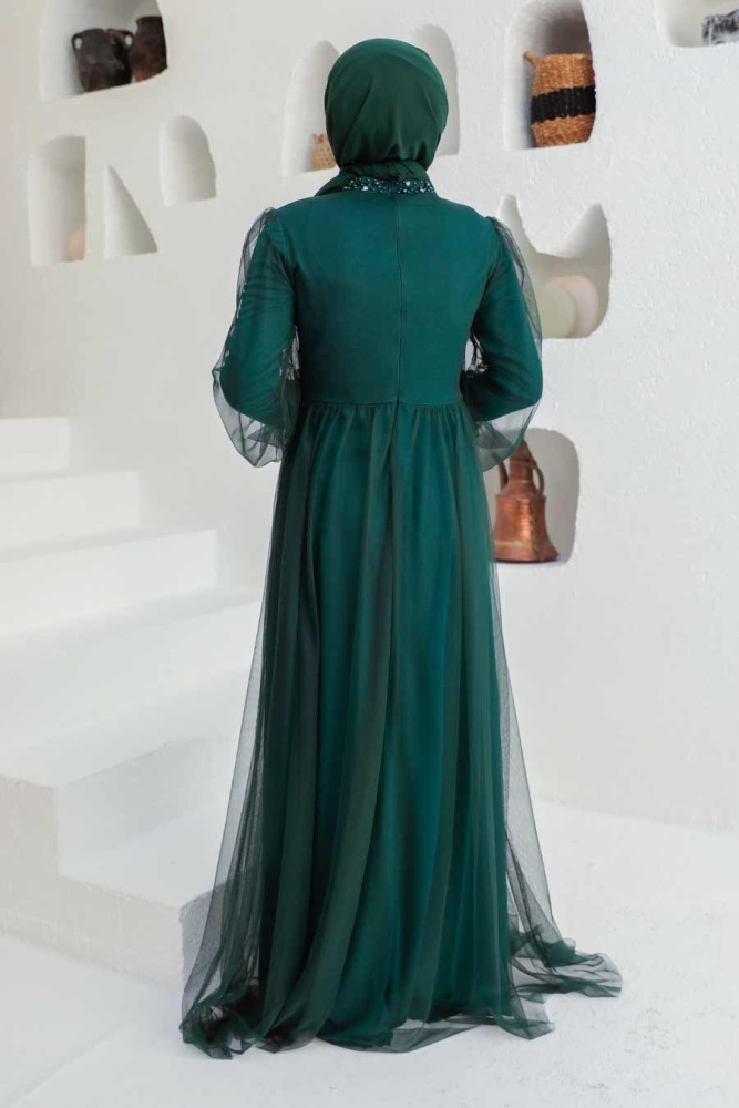 Tesettürlü Abiye Elbise - Robe de Soirée Hijab Vert Pétrole 9170PY - 2