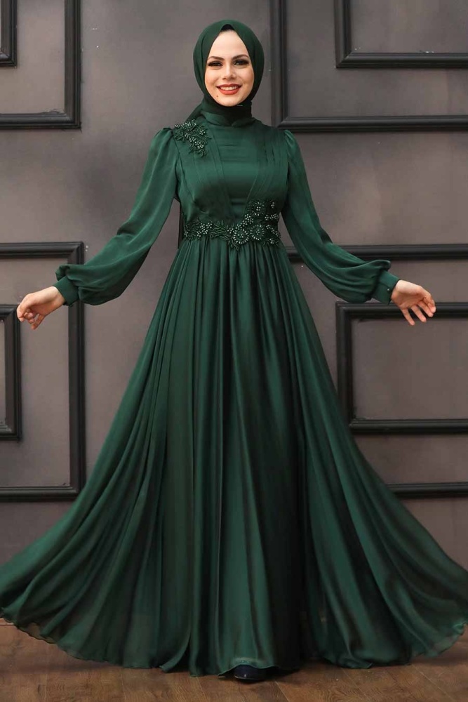 Tesettürlü Abiye Elbise - Robe de Soirée Hijab Verte 21630Y - 1
