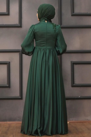 Tesettürlü Abiye Elbise - Robe de Soirée Hijab Verte 21630Y - 4