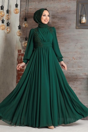 Tesettürlü Abiye Elbise - Robe de soirée Hijab verte 21940Y - 1