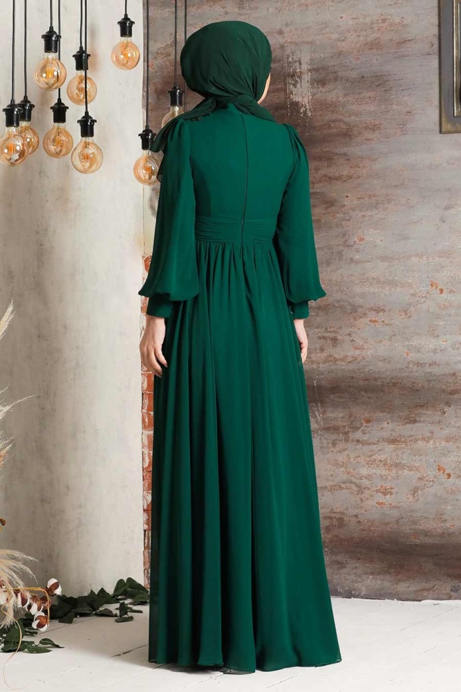 Tesettürlü Abiye Elbise - Robe de soirée Hijab verte 21940Y - 2