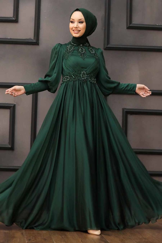 Tesettürlü Abiye Elbise - Robe de Soirée Hijab Verte 22101Y - 1