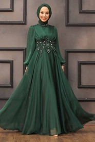 Tesettürlü Abiye Elbise -Robe de Soirée Hijab Verte 22150Y - Thumbnail