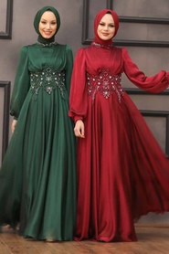 Tesettürlü Abiye Elbise -Robe de Soirée Hijab Verte 22150Y - Thumbnail