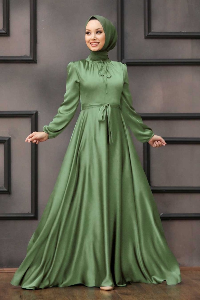 Tesettürlü Abiye Elbise - Robe de soirée Hijab verte 25130CY - 1