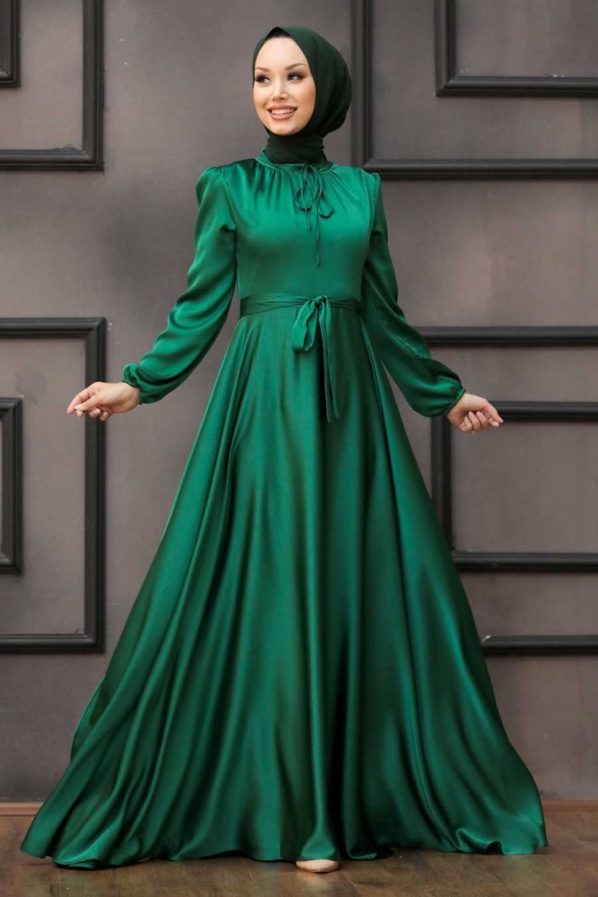 Tesettürlü Abiye Elbise -Robe de Soirée Hijab Verte 25130Y - 1