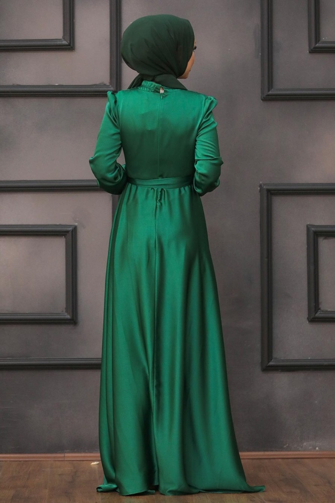Tesettürlü Abiye Elbise -Robe de Soirée Hijab Verte 25130Y - 3