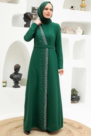 Tesettürlü Abiye Elbise - Robe de soirée Hijab verte 32150Y - 1