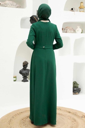 Tesettürlü Abiye Elbise - Robe de soirée Hijab verte 32150Y - 2