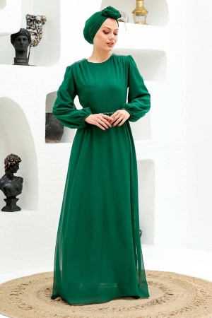 Tesettürlü Abiye Elbise - Robe de soirée Hijab verte 33490Y - 2