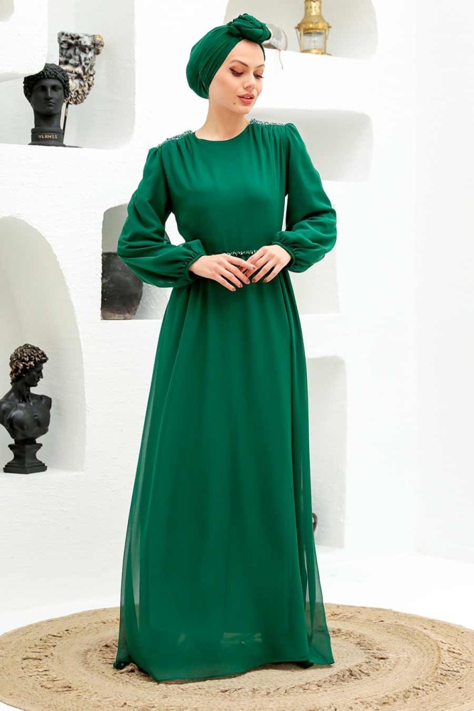 Tesettürlü Abiye Elbise - Robe de soirée Hijab verte 33490Y - 2