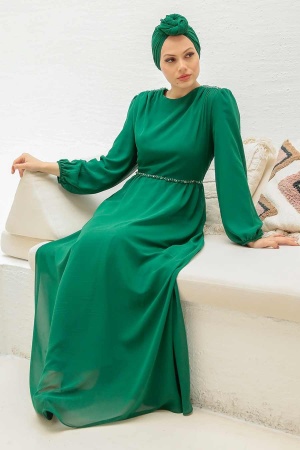 Tesettürlü Abiye Elbise - Robe de soirée Hijab verte 33490Y - 1