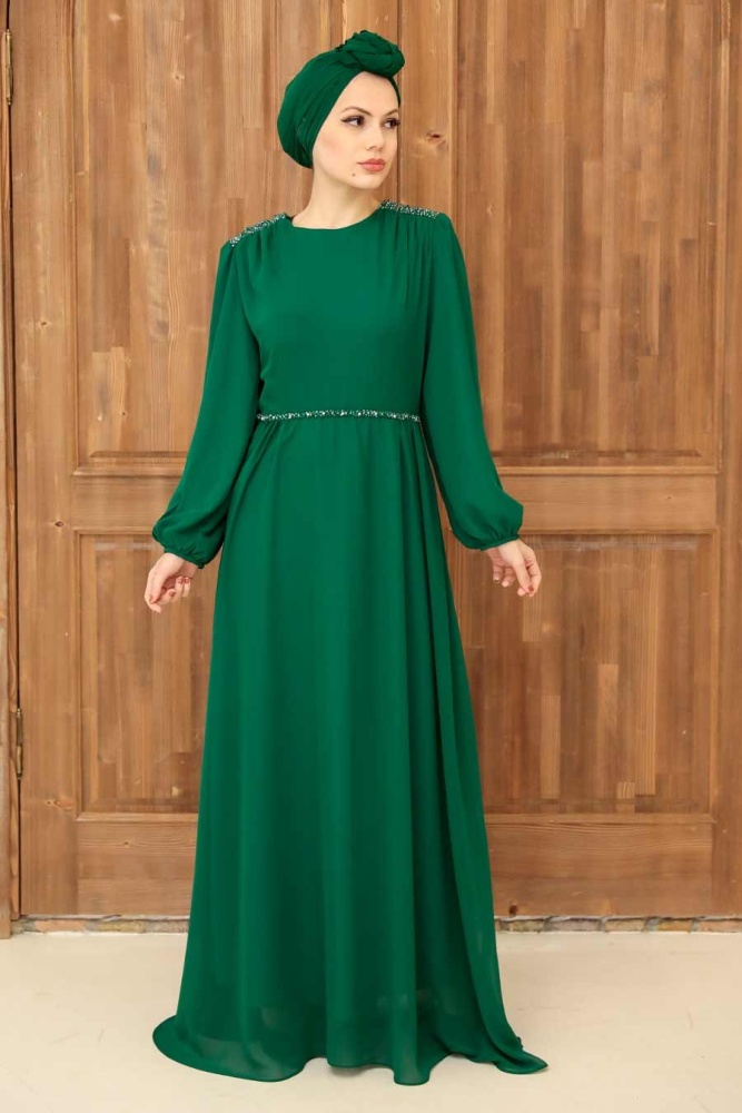 Tesettürlü Abiye Elbise - Robe de soirée Hijab verte 33490Y - 3