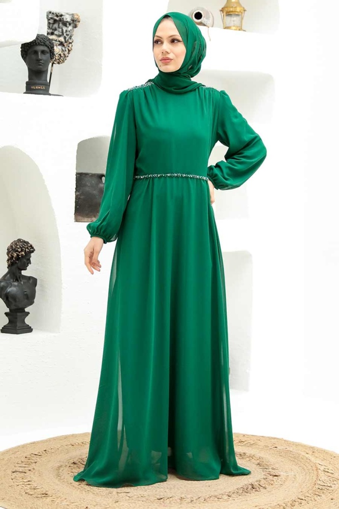 Tesettürlü Abiye Elbise - Robe de soirée Hijab verte 33490Y - 5