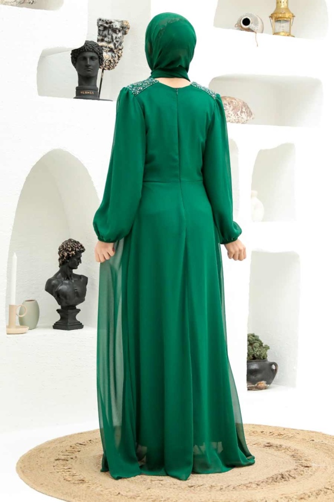 Tesettürlü Abiye Elbise - Robe de soirée Hijab verte 33490Y - 4