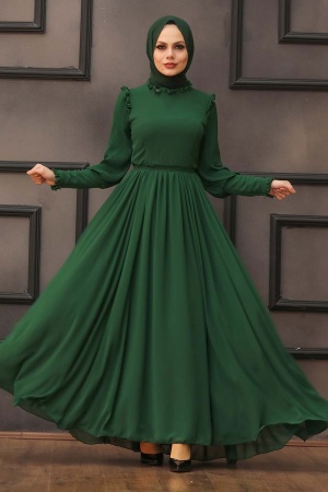 Tesettürlü Abiye Elbise -Robe de Soirée Hijab Verte 40720Y - 1