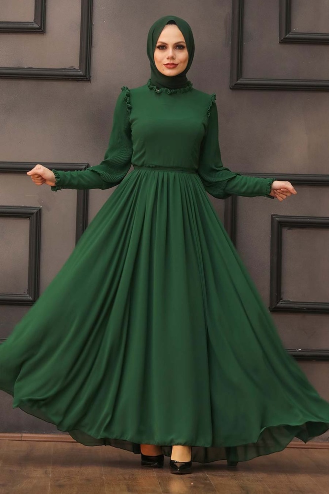 Tesettürlü Abiye Elbise -Robe de Soirée Hijab Verte 40720Y - 1