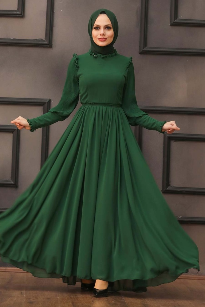 Tesettürlü Abiye Elbise -Robe de Soirée Hijab Verte 40720Y - 2