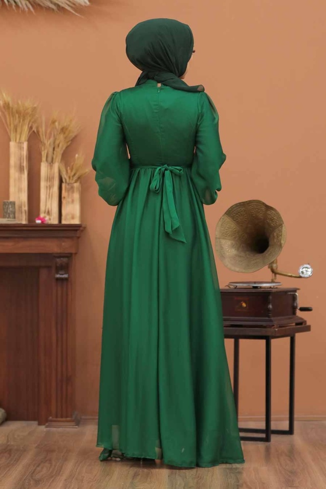 Tesettürlü Abiye Elbise -Robe de Soirée Hijab Verte 5215Y - 2