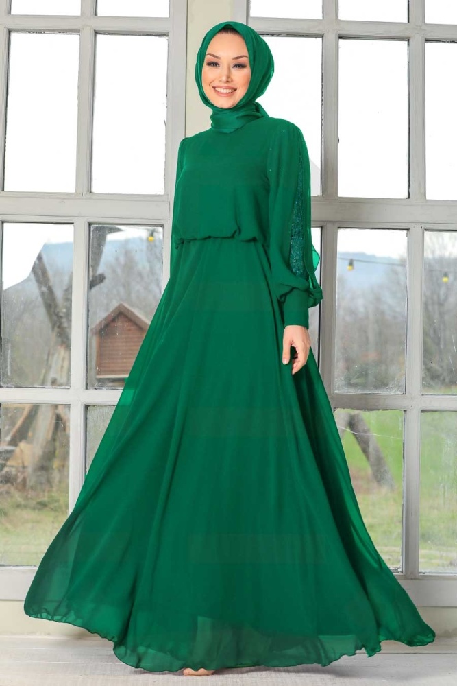 Tesettürlü Abiye Elbise - Robe de soirée Hijab verte 54030Y - 1