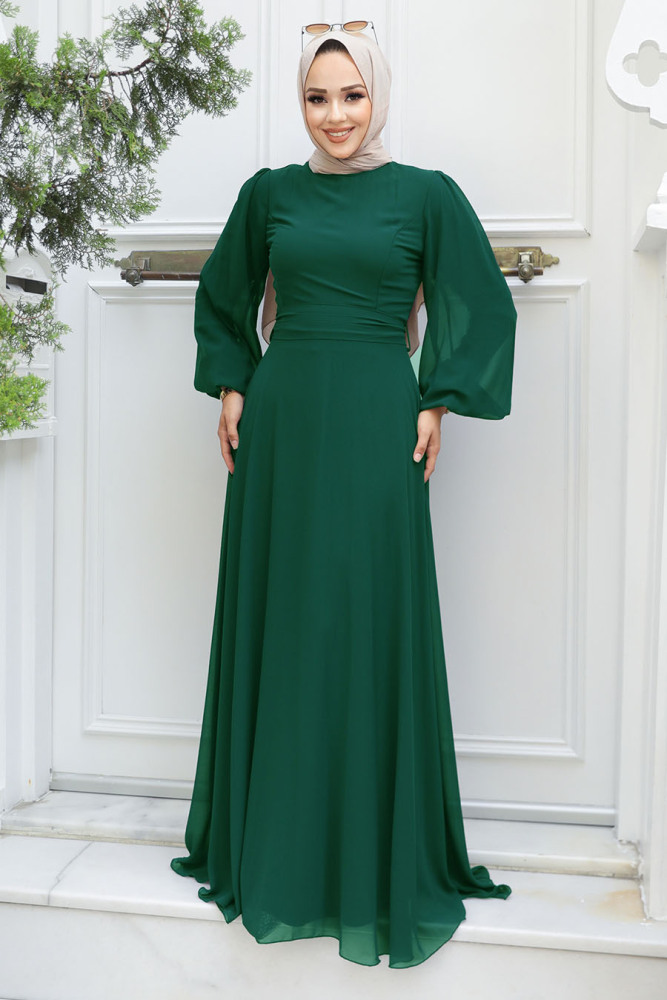 Tesettürlü Abiye Elbise - Robe de soirée Hijab verte 5470Y - 1