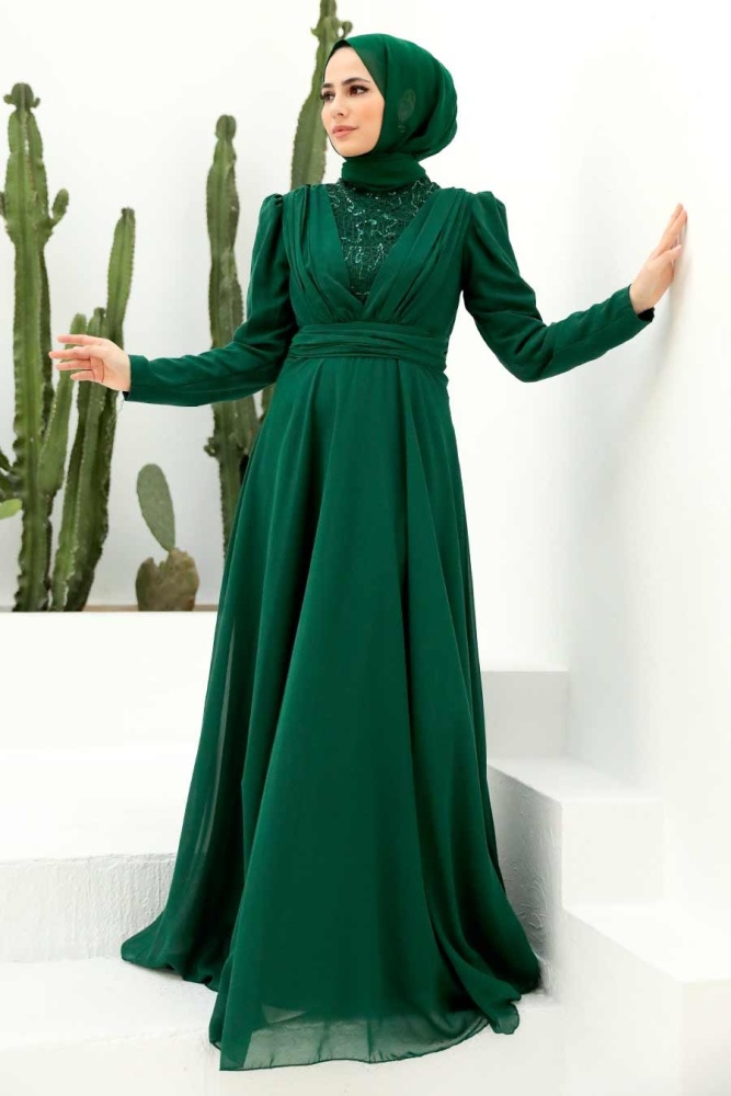 Tesettürlü Abiye Elbise - Robe de soirée Hijab verte 56280Y - 1